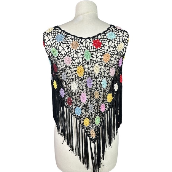 Black Boho Crochet Floral Aurora Borealis Crystal Accent Fringed Poncho - Picture 2 of 7